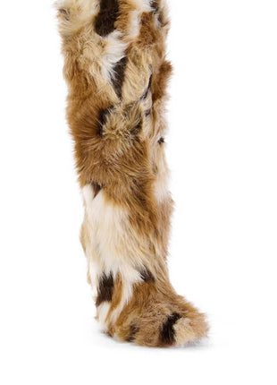 Multicolored Furry Pointed Toe Knee High Stiletto Boots