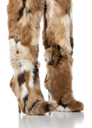 Multicolored Furry Pointed Toe Knee High Stiletto Boots