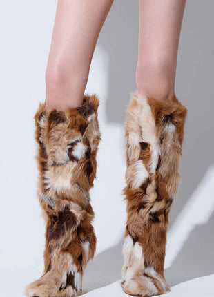 Multicolored Furry Pointed Toe Knee High Stiletto Boots