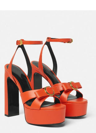 Ribbon Satin Open Square Toe Platform Block Heels