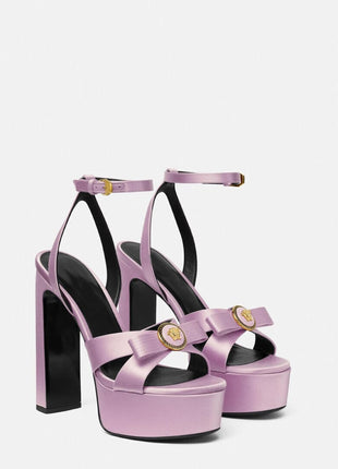 Ribbon Satin Open Square Toe Platform Block Heels