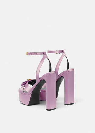 Ribbon Satin Open Square Toe Platform Block Heels