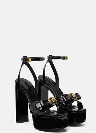 Metallic Open Square Toe Platform Block Heels