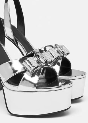 Metallic Open Square Toe Platform Block Heels