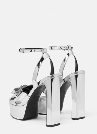 Metallic Open Square Toe Platform Block Heels