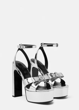 Metallic Open Square Toe Platform Block Heels