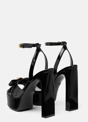 Metallic Open Square Toe Platform Block Heels