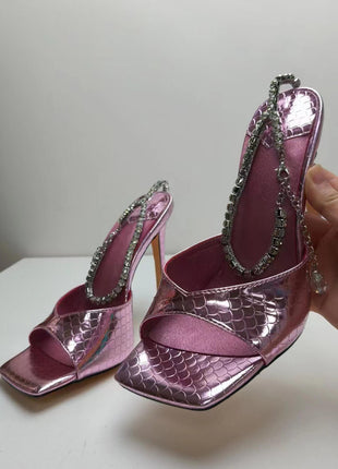 Snakeskin-Effect Diamante Chain Detail Ankle Strap Pointed Toe Stiletto Heel Sandals