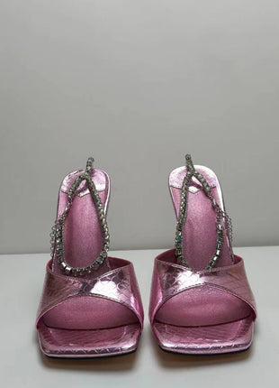 Snakeskin-Effect Diamante Chain Detail Ankle Strap Pointed Toe Stiletto Heel Sandals