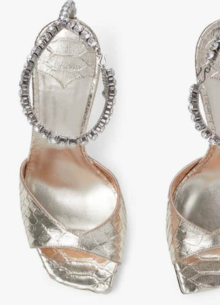 Snakeskin-Effect Diamante Chain Detail Ankle Strap Pointed Toe Stiletto Heel Sandals