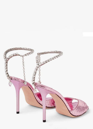 Snakeskin-Effect Diamante Chain Detail Ankle Strap Pointed Toe Stiletto Heel Sandals