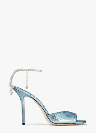 Snakeskin-Effect Diamante Chain Detail Ankle Strap Pointed Toe Stiletto Heel Sandals