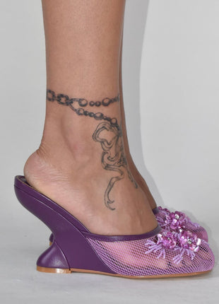 Floral Embellished Mesh Pyramid Wedge Mule Sandals