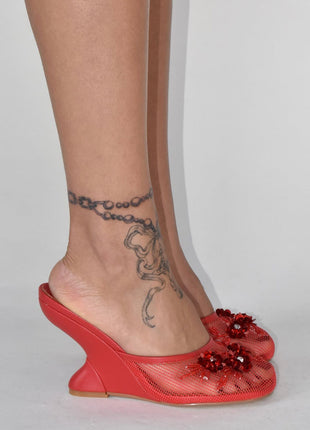 Floral Embellished Mesh Pyramid Wedge Mule Sandals