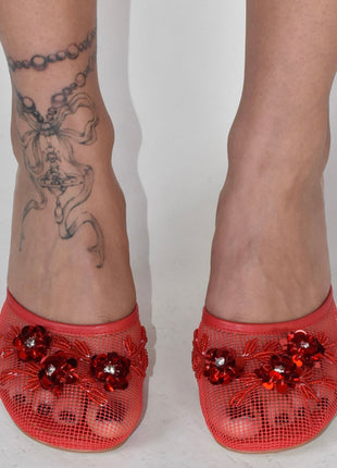 Floral Embellished Mesh Pyramid Wedge Mule Sandals