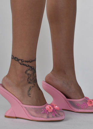 Floral Embellished Mesh Pyramid Wedge Mule Sandals