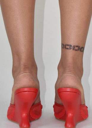 Floral Embellished Mesh Pyramid Wedge Mule Sandals