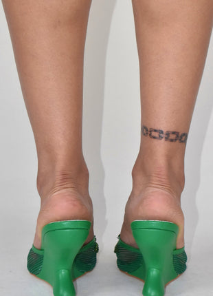 Floral Embellished Mesh Pyramid Wedge Mule Sandals