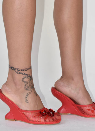 Floral Embellished Mesh Pyramid Wedge Mule Sandals