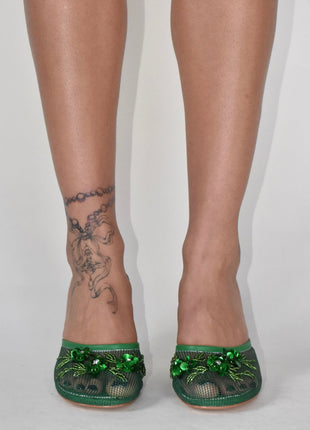 Floral Embellished Mesh Pyramid Wedge Mule Sandals