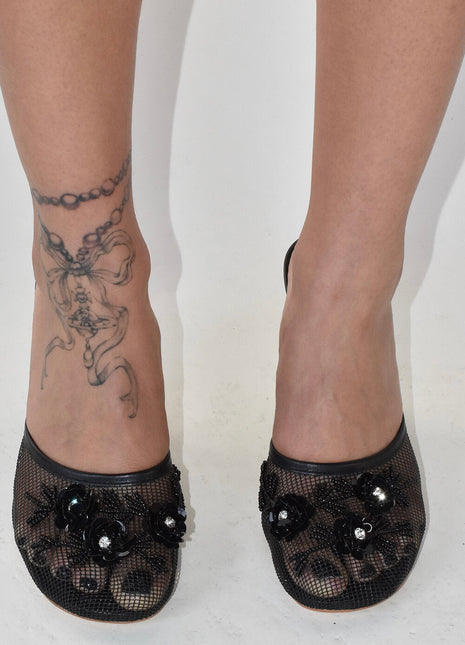 Floral Embellished Mesh Pyramid Wedge Mule Sandals