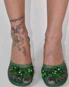 Floral Embellished Mesh Pyramid Wedge Mule Sandals