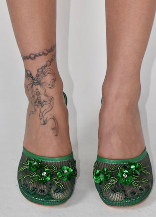 Floral Embellished Mesh Pyramid Wedge Mule Sandals