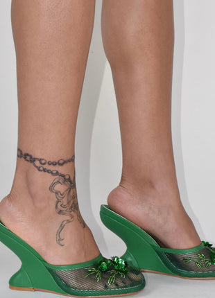 Floral Embellished Mesh Pyramid Wedge Mule Sandals