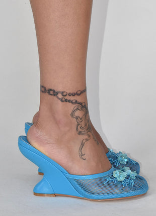 Floral Embellished Mesh Pyramid Wedge Mule Sandals