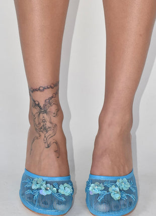 Floral Embellished Mesh Pyramid Wedge Mule Sandals