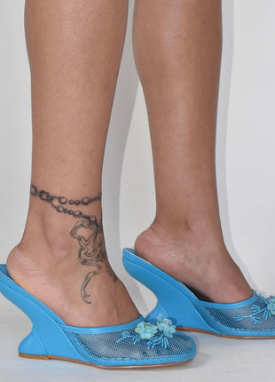 Floral Embellished Mesh Pyramid Wedge Mule Sandals