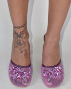 Floral Embellished Mesh Pyramid Wedge Mule Sandals