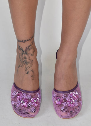 Floral Embellished Mesh Pyramid Wedge Mule Sandals