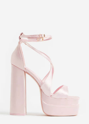 Satin Strappy Square Open Toe Double Platform Block Heeled Sandals