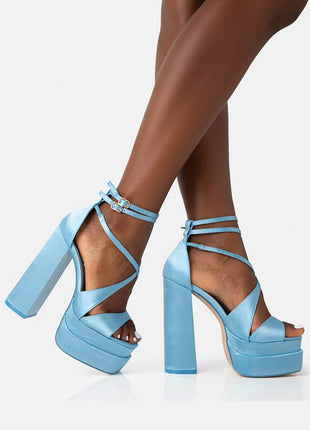 Satin Strappy Square Open Toe Double Platform Block Heeled Sandals