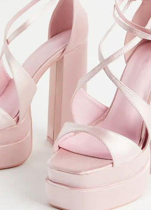 Satin Strappy Square Open Toe Double Platform Block Heeled Sandals