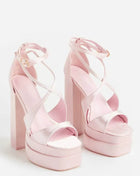 Satin Strappy Square Open Toe Double Platform Block Heeled Sandals