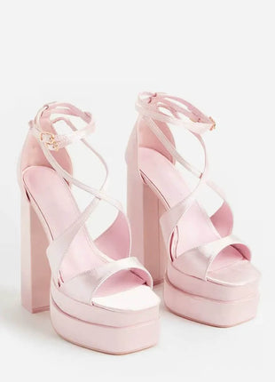 Satin Strappy Square Open Toe Double Platform Block Heeled Sandals