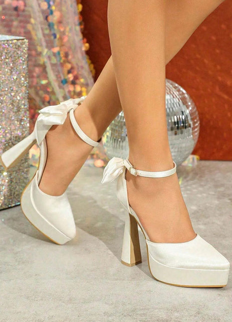 Bow Embellished Satin Double Platform Pointy Block Heel Ankle Pumps