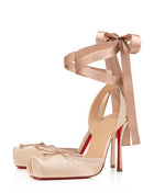 Bow-Detailed Satin Lace-Up Strappy Slingback Stiletto Pumps