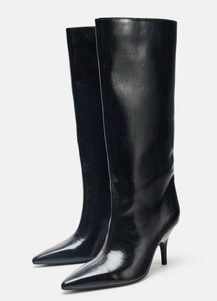 Black Knee High Kitten Heel Boots