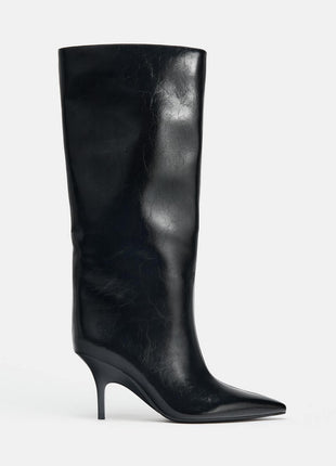 Black Knee High Kitten Heel Boots