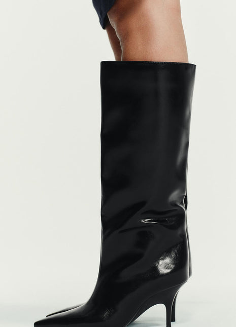 Black Knee High Kitten Heel Boots