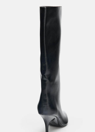 Black Knee High Kitten Heel Boots