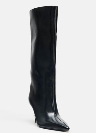 Black Knee High Kitten Heel Boots
