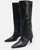 Black Croc Knee High Kitten Heel Boots