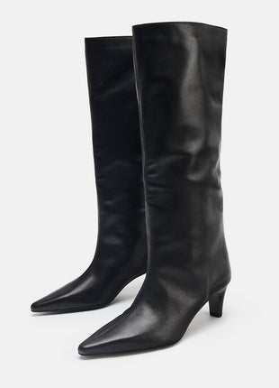 Black Croc Knee High Kitten Heel Boots