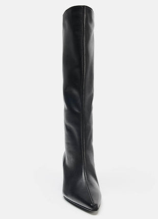 Black Croc Knee High Kitten Heel Boots