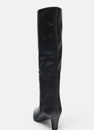 Black Croc Knee High Kitten Heel Boots