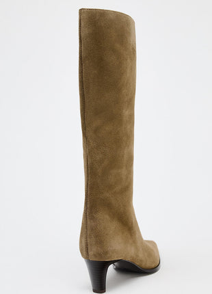 Brown Suede Knee High Kitten Heel Boots